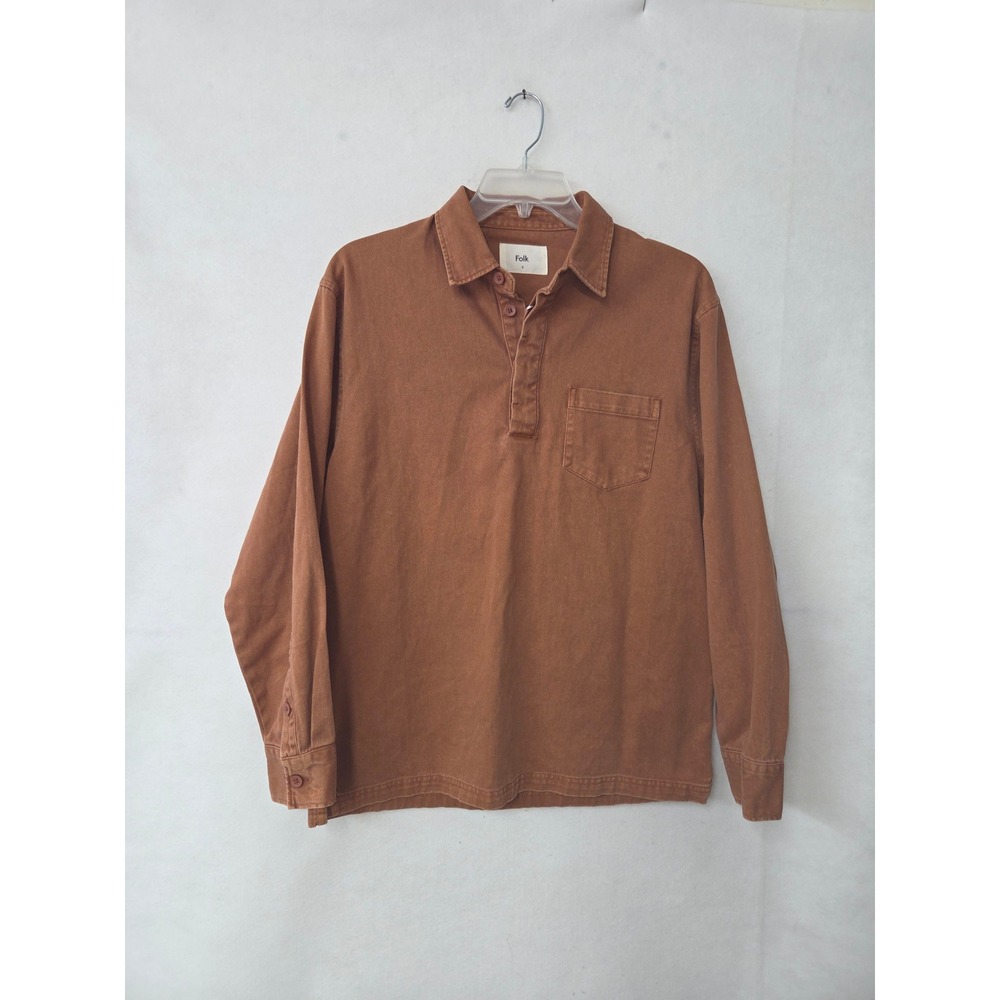 Folk Quinn Rugby Polo Mens Size S Spice Brown Long Sleeve Cotton Twill Shirt NEW